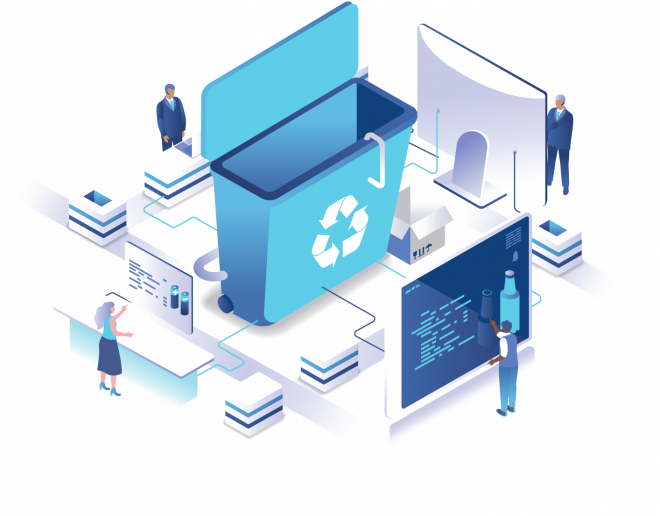 Infografik, Personen mit Monitoren um einen Recycling-Container